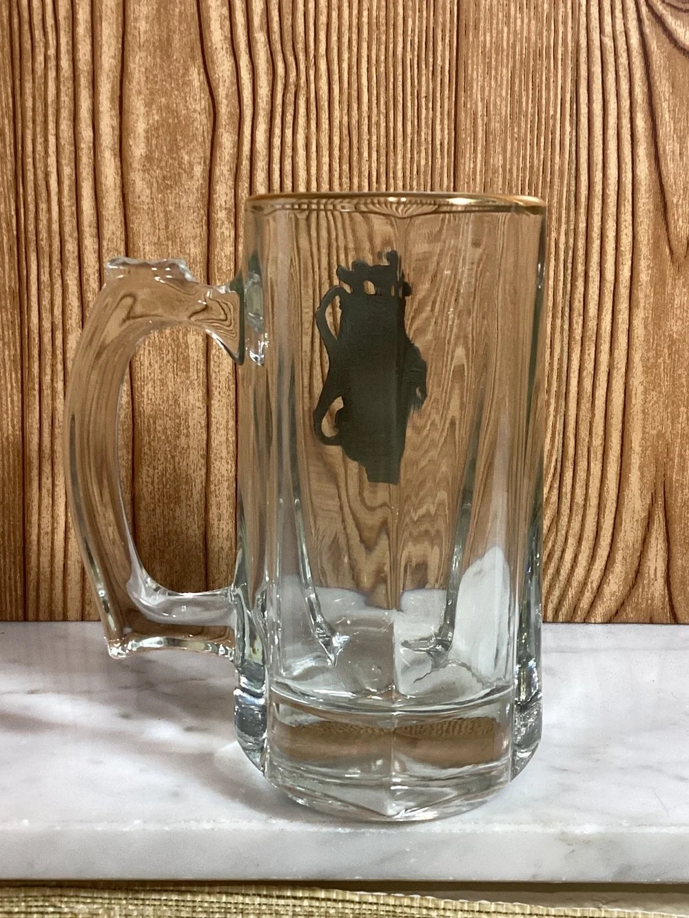 Glass Beer Stein Mug with Golf Emblem - Clear Raised Metal Medallion